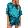 Calças femininas de duas peças verde cetim seda mulheres conjuntos bolsos camisetas cintura elástica shorts terno pijama primavera verão 2 conjunto homewear g2598 230222