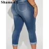 Women's Plus Size Casual Jeans Washed Button Fly Ripped Roll Up Hem High Rise Skinny Jeans 240131