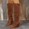 Stiefel Damen Cowboy Heels Western Chunky Schuhe Leder Kniehoch Lang Elegant Designer Plus Size Rock Pole Dance Braun 240130