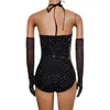 Scen Wear Sparkly Rhinestones Mirrors Leotard Gloves Women Sexig Performance Bodysuit Dance Costume Nightclub Singer Dancer Show