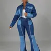 Zweiteiliges Jeans-Set für Damen, Übergröße, Patchwork-Flare-Hose und kurze Jacke, Jeans-Set, lässiges Streetwear-Langarm-Set 240202