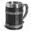 Tumblers New Viking Rune Caneca de Cerveja 304 Aço Inoxidável Tankard Resina Imitação Textura De Madeira Decoração Nórdica Stein Coffee Cup Homens Presente 600ml T240218