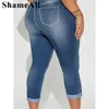 Damen-Jeans in Übergröße, lässig, ausgewaschen, Knopfleiste, zerrissen, hochgekrempelter Saum, Röhrenjeans 240126