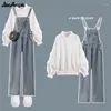 Damen Zweiteilige Hosen Frauen Adrette Frühling Herbst Sweatshirt Overalls Denim 1 oder 2 Set Koreanische Dame Täglich Rüschen Tops Jeans Outfits