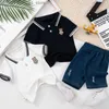 T-shirts 1-5 Year Old Baby Boys Polo Shirt Suits Summer Handsome Denim Shorts 2-Piece Set Boys Short Toddler Sleeve T-shirt Sports Suit Q240218