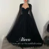 Aileen gothic svart vestido de novia pärlor cape hylsa prom klänning sexig a-line prom klänning spets broderi 240202