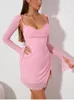 Asia Sweet Mesh Full Sleeve Pink Dress Women Sexig Solid Backless Bandage Mini Vestido Mujer Summer Vacation Party Club Outfit 240202