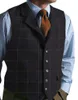 Gilets pour hommes Mens Tweed Costume Vest Robe formelle Check Gilet Herringbone Business Blazer avec 2 poches à rabat Slim Fit Costume Homme