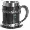 Tumblers New Viking Rune Beer Mug 304 Stainless Steel Tankard Resin Imitation Wooden Texture Nordic Decor Stein Coffee Cup Men Gift 600ml T240218