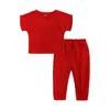 Modne dzieci dziecięce i dziewcząt Zestaw 2-częściowy zestaw czystej bawełnianej swobodnej koszulki+elastyczne spodnie talii dziecięce odzież 1-6y 240218