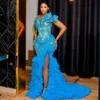 2024 Plus Size Aso Ebi Prom Dresses Asymmetrical Blue Sheer Neck Aftonklänningar Formella klänningar för svarta kvinnor veckade Tulle Birthday Dresses Engagementklänningar NL525