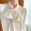 Женская мода с длинными рукавами и бабочкой с галстуком-бабочкой, блузка, однотонная шелковая атласная рубашка, тонкие повседневные топы для женщин 240127