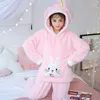 Pyjama à capuche en flanelle pour femmes, vêtements de nuit avec oreilles d'ours de dessin animé, manches longues, vêtements de nuit chauds d'hiver pour la maison