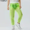 Elegante estilo casual calças incerun festa masculina mostra calças compridas sexy sólido transparente malha fina pantalons s5xl 240122