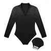 Stage Wear ChicTry Adulte Brillant Strass Col V À Manches Longues Dancewear Salle De Bal Tango Rumba Hommes Costume De Danse Latine Justaucorps Chemise Body