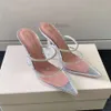 Amina Muaddi Gilda Crystals-embellish 명확한 PVC 뮬 레스 슬리퍼 지점에 여름 슬립 포인트 하이힐은 가죽 샌들 럭셔리 디자이너 신발 파티