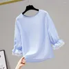 Blusas femininas topo verão 2024 malha costura lanterna manga em torno do pescoço cor sólida chiffon camisa simples moda blusa