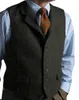 Gilets pour hommes Mens Tweed Costume Vest Robe formelle Check Gilet Herringbone Business Blazer avec 2 poches à rabat Slim Fit Costume Homme