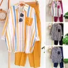 Women's Two Piece Pants Daily Garment Comfortable Stripes Blouse Trousers Suit Summer Clothing