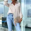 Women's Blouses Striped Long Sleeved Tops Office Lapel Pocket Loose Lady Shirt Spring Fashion Formal Occasion Commute Single Breasted Blouse