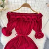 Festklänningar neploe kort ärm 3d blommor röd klänning för kvinnor sexiga off axel ruffles y2k smal midja a-line vestidos mujer