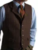 Gilets pour hommes Mens Tweed Costume Vest Robe formelle Check Gilet Herringbone Business Blazer avec 2 poches à rabat Slim Fit Costume Homme