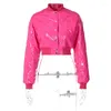 Women's Trench Coats Fashion Cute Women Bright Pink Puffer Jacket Winter Warm Bubble Shiny Metallic Parkas Down Zipper Cropped Jackets