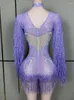Stadiumkleding op voorraad Paarse sprankelende strass jumpsuit Sexy transparante mesh kwastje bodysuit pak prestaties nachtclub show outfit