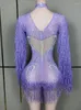 Palco desgaste em estoque roxo brilhante strass macacão sexy malha transparente borla bodysuit terno desempenho nightclub mostrar outfit