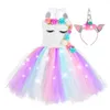 Girl Unicorn Dresses for Girls Tutu Princess Party with LED Lights Flower Birthday Cosplay Costume Clothing 240126