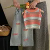 Girls' Knitted Waistcoat Spring New Little Girl Colored Striped Sleeveless Vest with All Fashion Jeans