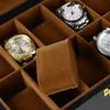 6 10 12 Slot Träklocka Organiser Hoder Watch Stand Display Storage Case Real Glass Top For Men and Women Holiday Gift 240124