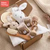 Baby Double Sided Cotton Blanket born Bath Set Gifts Box Wooden Crochet Rattle Brushs Bracelet Towel For Shower Gift 240127