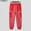 Elegante estilo casual calças incerun festa masculina mostra calças compridas sexy sólido transparente malha fina pantalons s5xl 240122