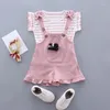 Комплекты одежды Летние полосатые хлопковые комбинезоны с короткими рукавами для маленьких девочек из 2 предметов, очаровательные для отдыха