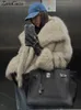 LAPEL FAUX FUR JACK COER KVINNER LOOK Lång ärm fluffiga varma rockar Kvinnliga vinter lyxmode dam överrock streetwear 240124