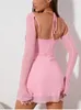 Asia Sweet Mesh Full Sleeve Pink Dress Women Sexig Solid Backless Bandage Mini Vestido Mujer Summer Vacation Party Club Outfit 240202
