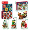 Blokken 2023 24 Dagen Kerst Adventskalender Kerstman Besneeuwde Huis Boom DIY Model Bouwstenen Speelgoed Met Doos voor kinderen Gift