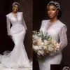 Robes de mariée sirène robe de luxe pour la mariée africaine arabe grande taille mariée manches longues col transparent pays brillants plage Chape Dhvde