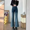 Damen-Jeans und Caprihosen, kurze Hose mit hoher Taille, S-Röhre, ausgestellte blaue Hose für Damen, Schlaghose mit Schlaghose und Taschen, Gyaru