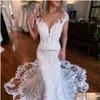 Abiti da sposa a sirena Abito di lusso per la sposa con strascico staccabile Collo trasparente maniche lunghe con perline Abiti da sposa in pizzo Matrimonio D Dhzb0