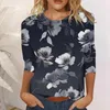 Women's T Shirts Vintage Floral Print 7/10 Sleeve Crew Neck Shirt Top Workout Womens Long Tops