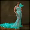 Prom Dresses Feathered Luxurious Plus Size Aso Ebi Mint Mermaid Short Sleeves Beaded Illusion Evening Elegant For Black Women Birthd Dhtij