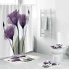 4PCS Flannel Surface Bathroom Mats Shower Curtain Non-Slip Rug Lid Toilet Cover Bath Mat Set Purple Flowers Print Decor Home T2007248v