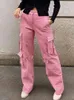 Kalevest Y2K Streetwear Cargo Pants Pink Rock Ladie Jeans Coquett Low Rise Rave衣装ポケット女性240129