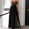 Casual Dresses Spring High midje lapptäcke Pleat Long Dress Women Deep V-ringen broderi spetsfest sommar ärmlös slit maxi