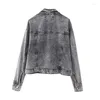 Women's Jackets TRAF 2024 Woman Denim Jacket Grey Studded Jeans For Women Long Sleeve Cropped Streetwear Autumn