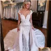 Abiti da sposa a sirena Abito di lusso per la sposa con strascico staccabile Collo trasparente maniche lunghe con perline Abiti da sposa in pizzo Matrimonio D Dhzb0