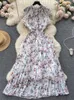 Casual Dresses Chiffon Floral Dress Women Summer Elegant Printed Pleated 2024 Korean Style Sleeveless Beach Long