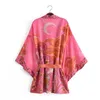 Boho Queens 여성 꽃 프린트 배트 슬리브 비치 보헤미안 기모노 드레스 레이디스 V 목 레이온면 짧은 로브 kimono 240219